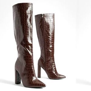 Wide width pointed toe croc knee high boot